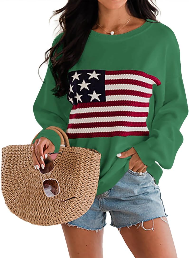 Dressmine Womens American Flag Sweater Knit Long Sleeve Crew Neck Graphic Elegant Soft Loose Pullover