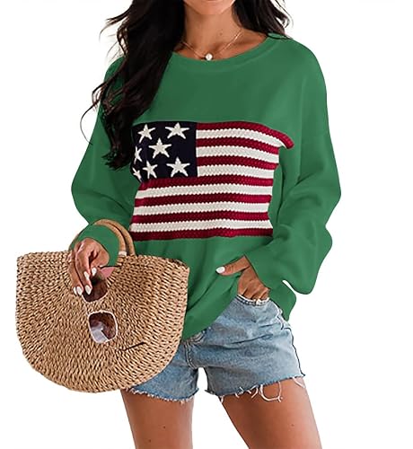 Womens American Flag Sweater Knit Long Sleeve Crew Neck Graphic