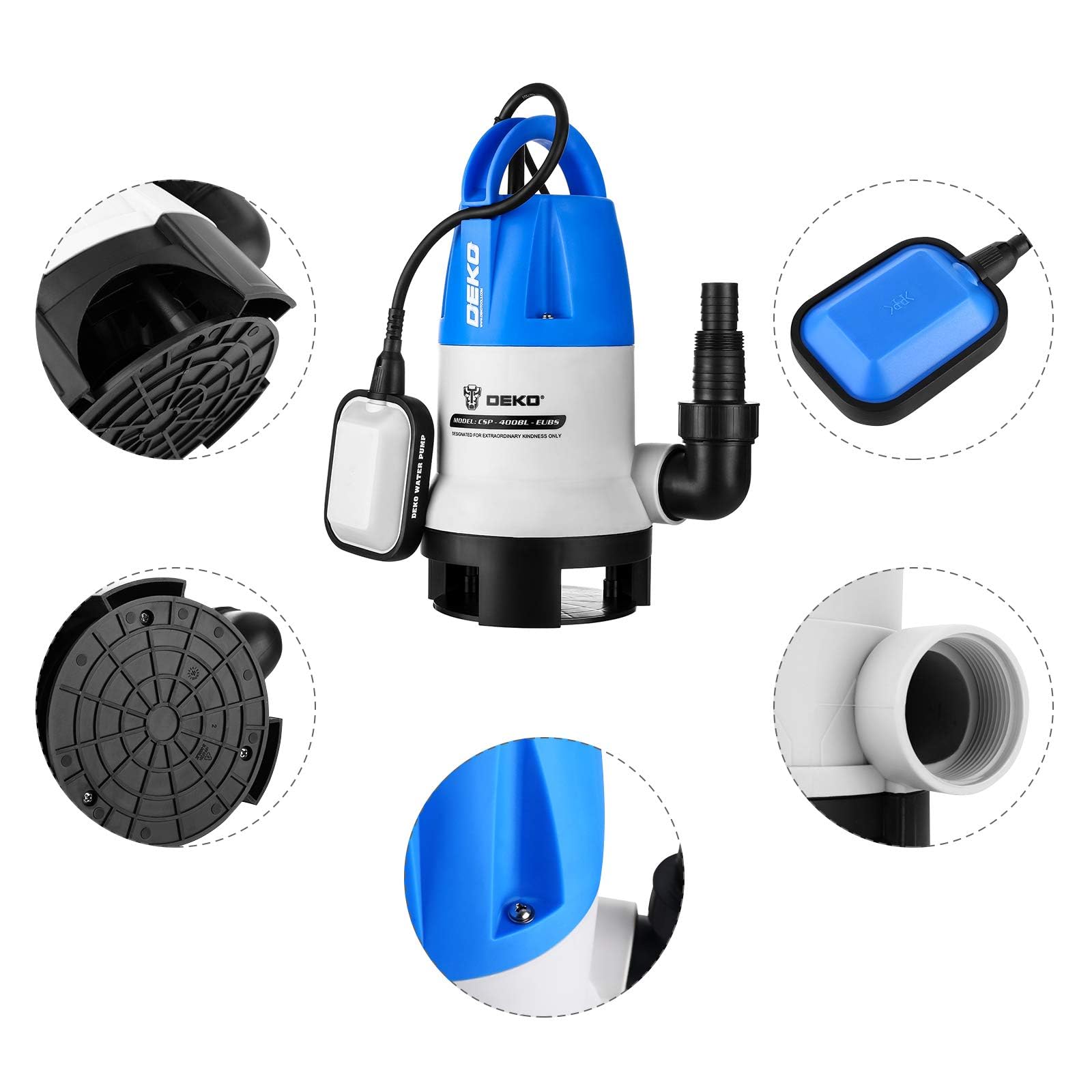 DEKO Pompa sommergibile portatile 400W 8000L/H Pompa acqua pulita/sporca Piscina Vasca da giardino Scarico per laghetto con interruttore a galleggiante e cavo lungo 10 m Blu