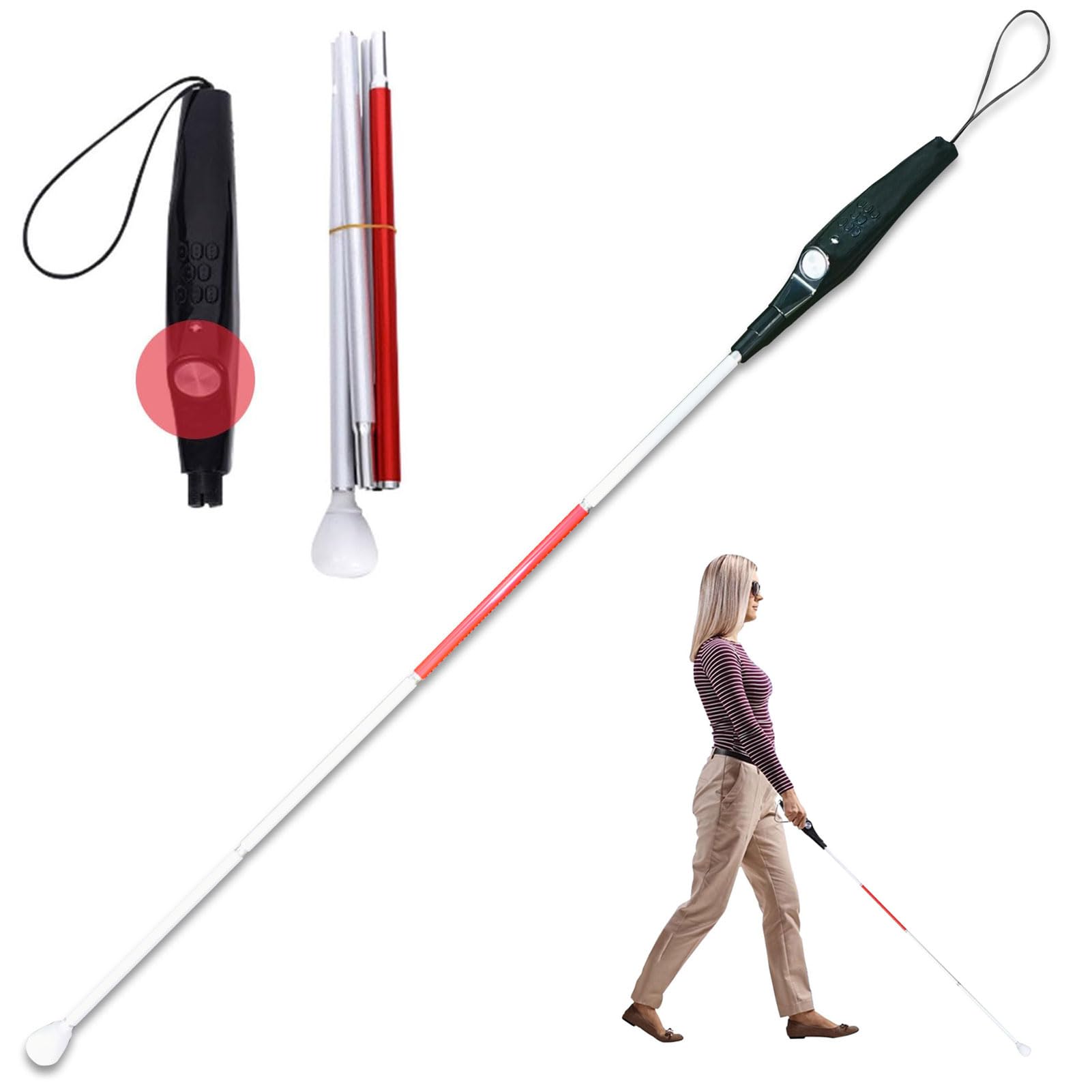 Bastón telescópico Inteligente para Ciegos, bastón Plegable de aleación de Aluminio con detección de obstáculos, Alarma de Voz, indicación de la Hora Actual y Cinta Reflectante roja
