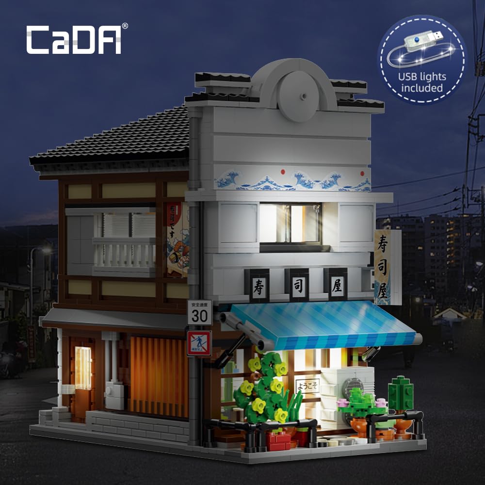 CaDA Master Japanisches Sushi-Haus Bausteinset C66018W Kreativer Stadtbaustein-Bausatz mit Beleuchtung, 1665 Teile Straßenhaus-Idee Geschenk für Erwachsene