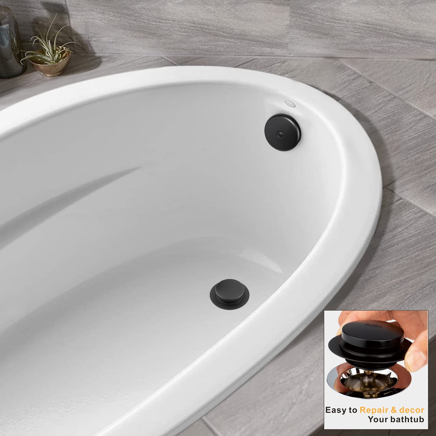Artiwell EZ - Kit de conversión universal para bañera con punta de drenaje de bañera con 1 agujero y tapón de bañera emergente, color negro mate