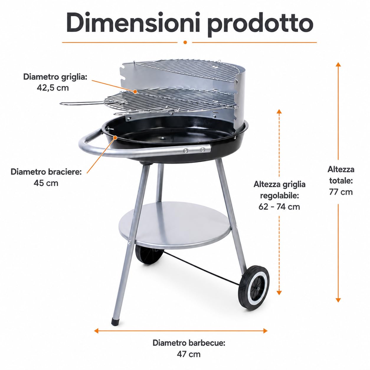 Barbecue a Carbone Rotondo Ø 47 cm con Paravento - Semiaperto con Griglia Regolabile 42,5 cm, Ripiano Inferiore e 2 Ruote - per 2-6 Persone - Ideale per Giardino e Terrazzo