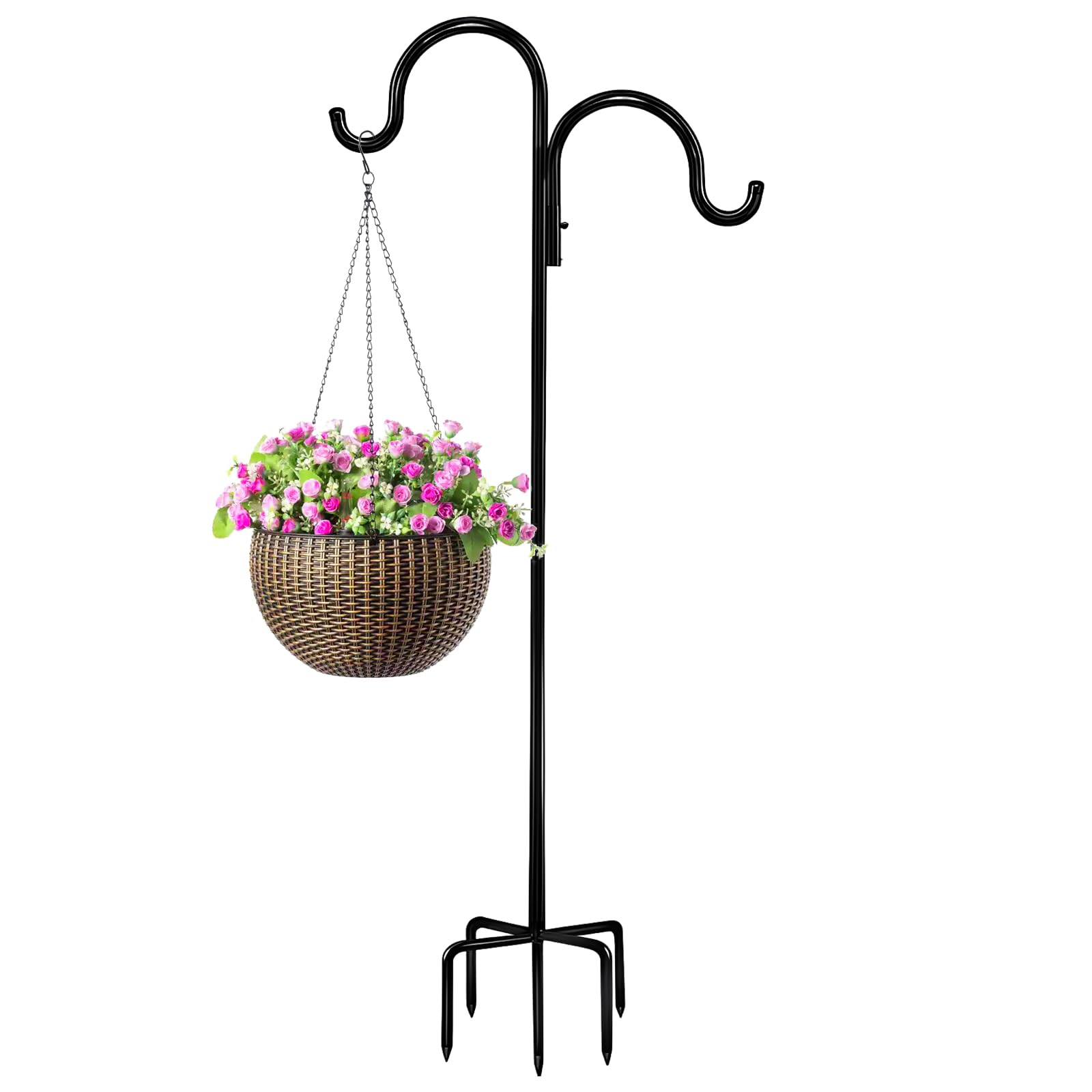 Bird Feeders Hanging Station, Birds Feeding Station Stand 117cm Bird Feeder Poles and Hangers Metal Bird Feeder Stand Shepherds Hooks with 5 Prong Base Adjustable Shepherds Crook Garden Hooks