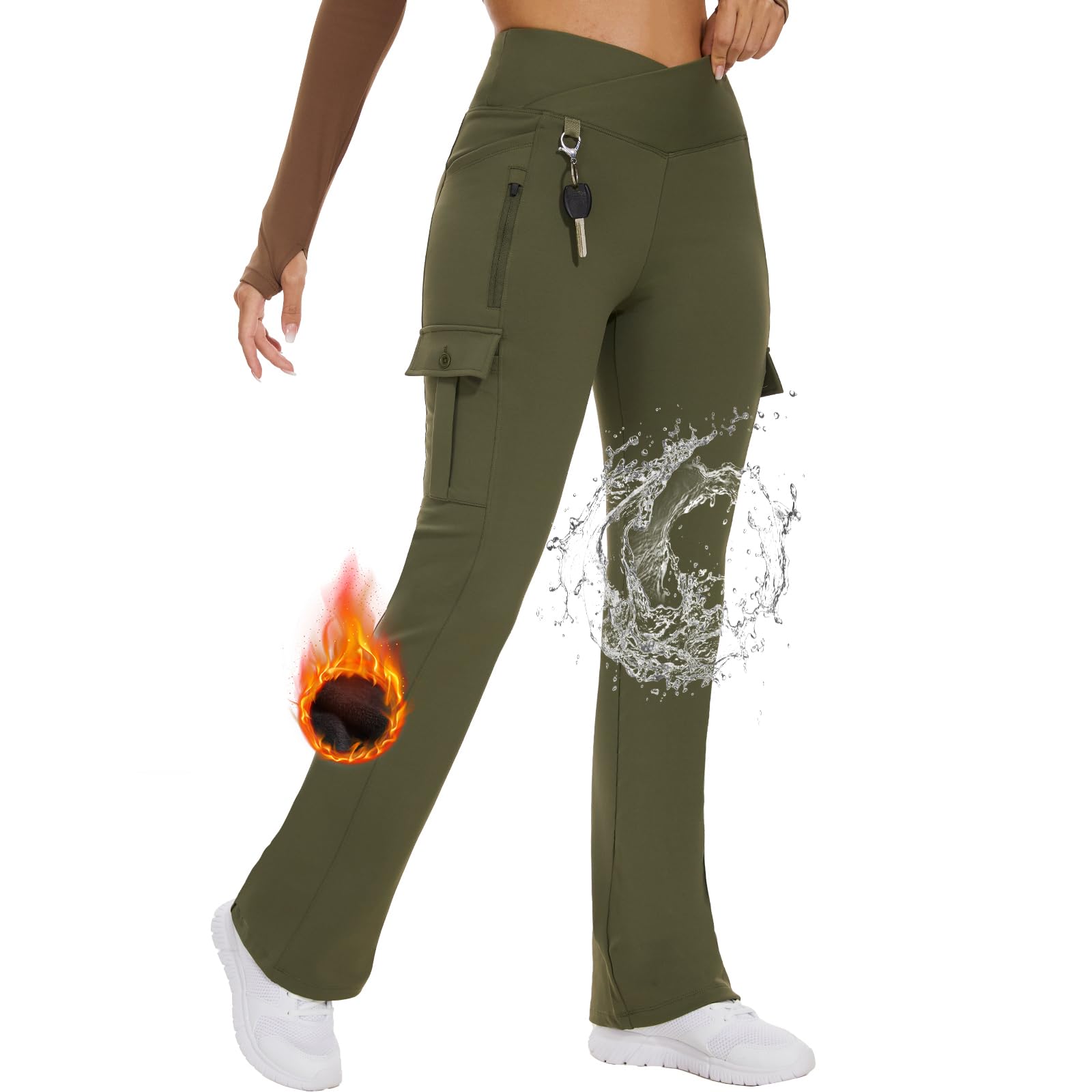 Yoga Flare Leggings for Women High Waisted Yoga Casual Pants Workout Leggings Cargo with 6 Pockets Bootcut Yoga Pants Army Green-fleece（w/R） XX-Large