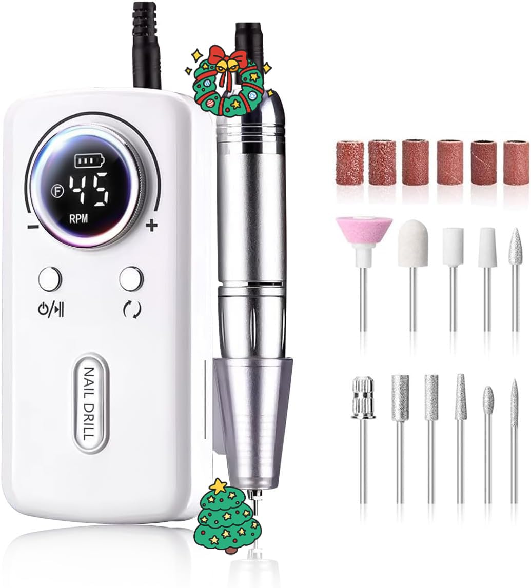 Torno para Uñas Profesional 45000 RPM, Torno Uñas Taladro Eléctrico Recargable con Pantalla LED, 10H Duración, Bajo Ruido,12 Puntas,para Uñas Acrílicas/Gel/Semipermanente