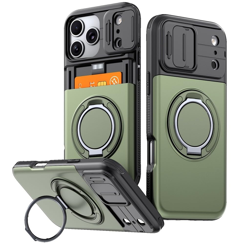 Generic Coque compatible avec iPhone 15 Pro (couleur : vert) coque antichoc à anneau caché fente pour carte coque arrière
