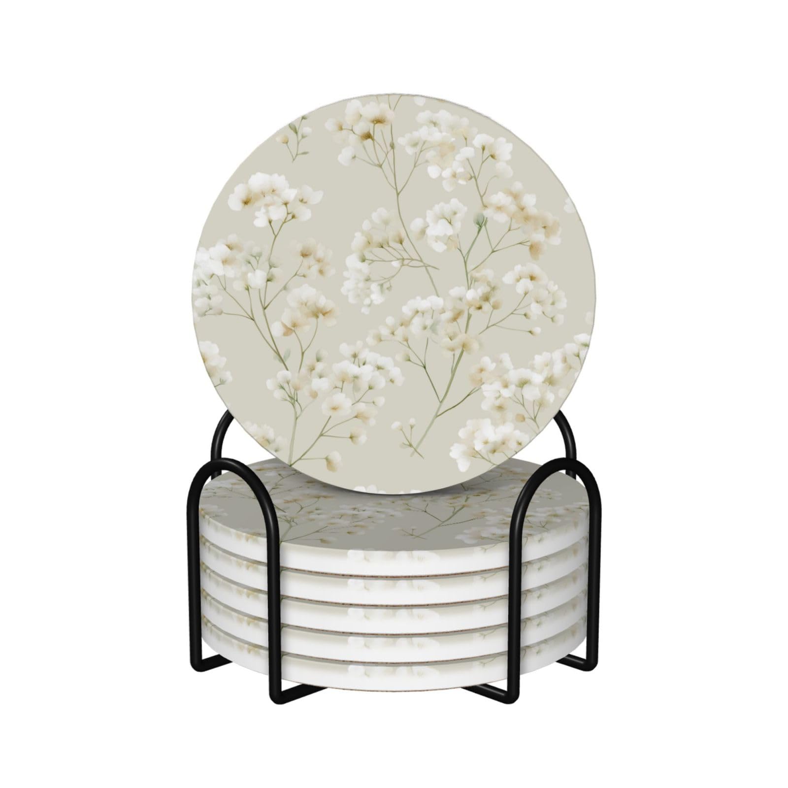 Tiny White Flowers Clusters Leaves Ceramic Coasters with Holder 6ps