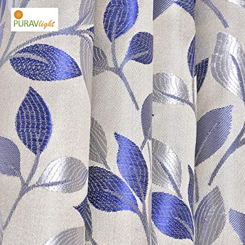 Image of Purav Light Leaf and Texture Pattern Jacquard Jute Room Darkening Curtains for Door Living Room Bedroom, 9 Feet Long, Blue, Set of 3 Pieces