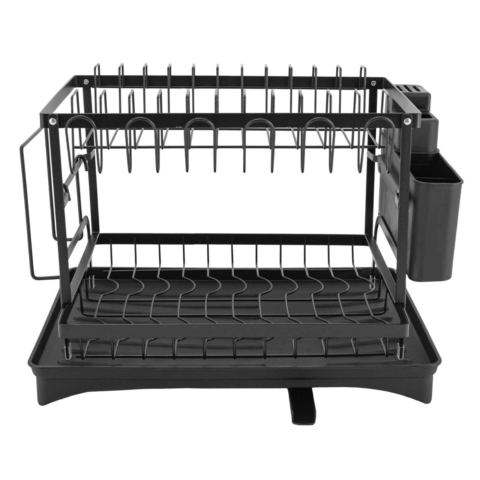 Escurreplatos Escurridor de 2 niveles para armario, acero al carbono, con 2 bandejas de goteo, soporte para utensilios y ganchos, alfombrilla para escurrir platos (35,5 x 29 x 26 cm)