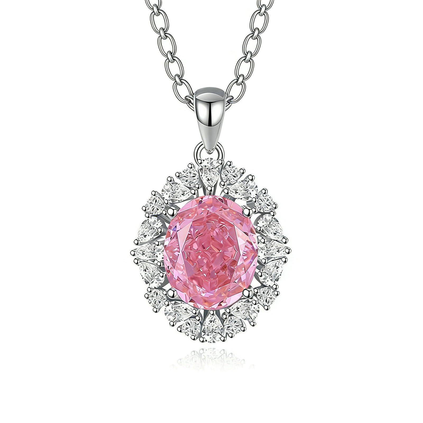 Collana con ciondolo da donna in oro bianco 585, ciondolo a forma di fiore con 4 carati, ovale, rubino e smeraldo, rosa zaffiro citrino e moissanite, collana da donna, 45 cm, senza nichel