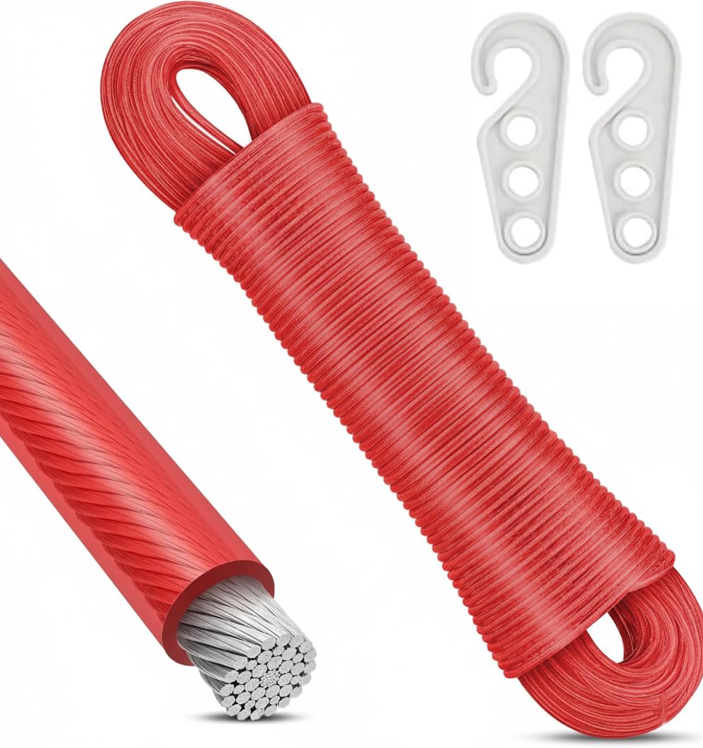 20 Meters Strong Steel Core Clothes Line with 2 Pcs Plastic Hooks, PVC Coated, Weather & Rust Resistant, Easy to Use, Indoor, Outdoor, Garden, Laundry Rooms & Camping (Multicolor) Pack of (1)-image-5