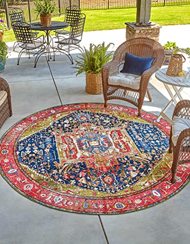 Unique Loom Outdoor Traditional Collection Area Rug - Limon (3' 1' Round Multi/Red)