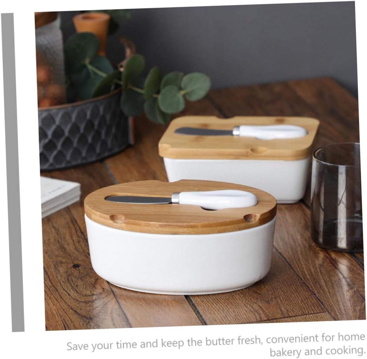 Ceramic Butter Dish and Cheese Cutting Tool Set with Lid, Oval Butter Storage Box for Household Tableware and Kitchen Serving