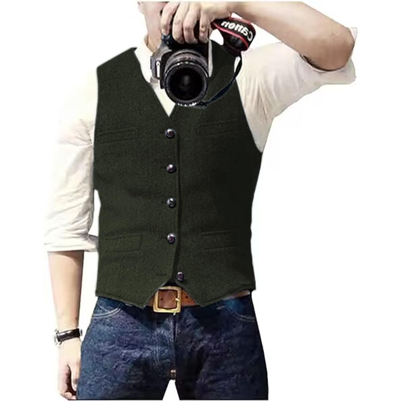 Solovedress Mens Vintage Waistcoat Tweed Wool Regular Fit Suit Vest for Wedding Groomsmen(Army Green,XXXL)