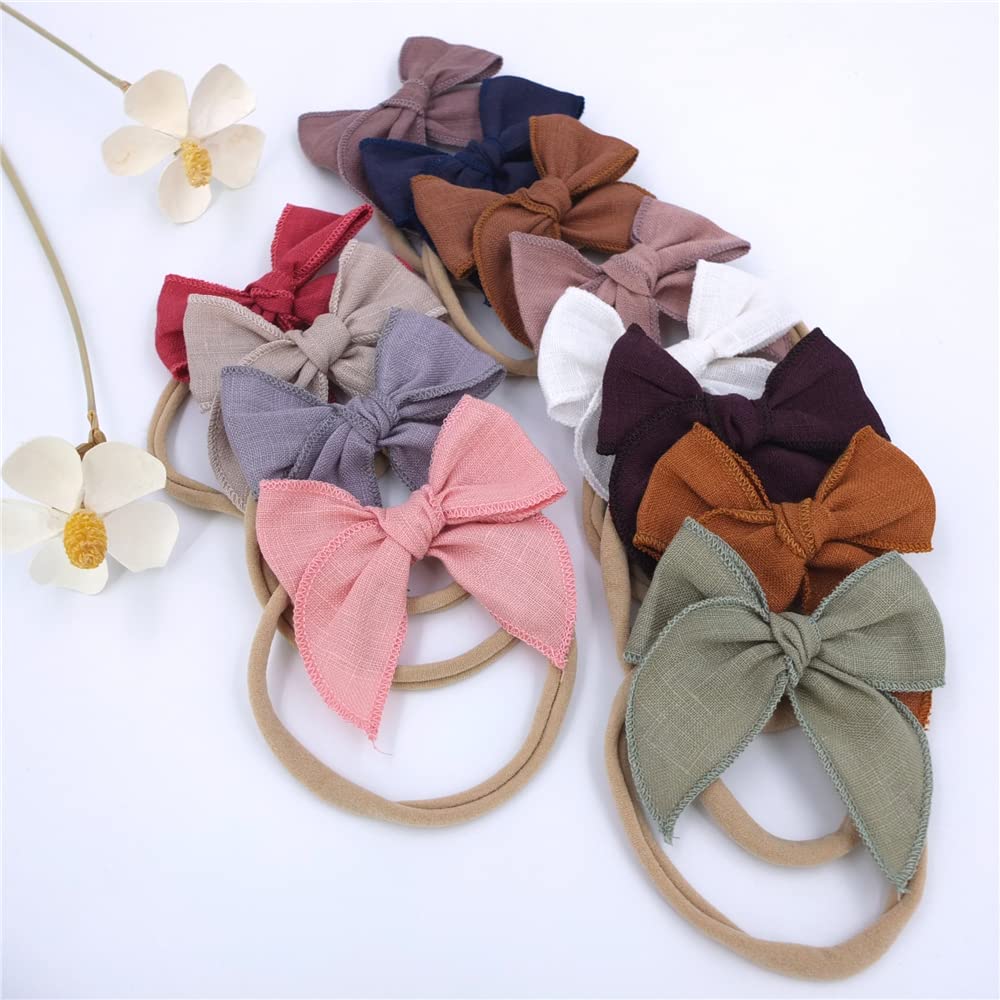 12 Pcs Linen Fable Bow Nylon Headband for Newborn Infant Toddler Mini Hair Bow Elastic Bands Baby Girls Headbands - Image 4