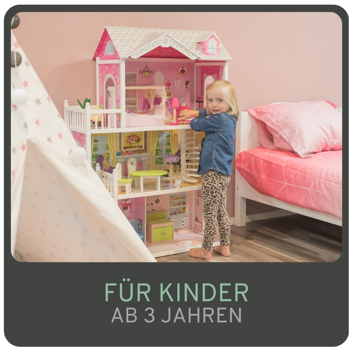 Bandits & Angels Puppenhaus aus Holz, Barbie-Haus, Angels Country House, ab 3 Jahren, 124 cm hoch – inklusive 14 Möbelstücken – für Barbie-Puppen – Puppenhaus – Puppenspielzeug