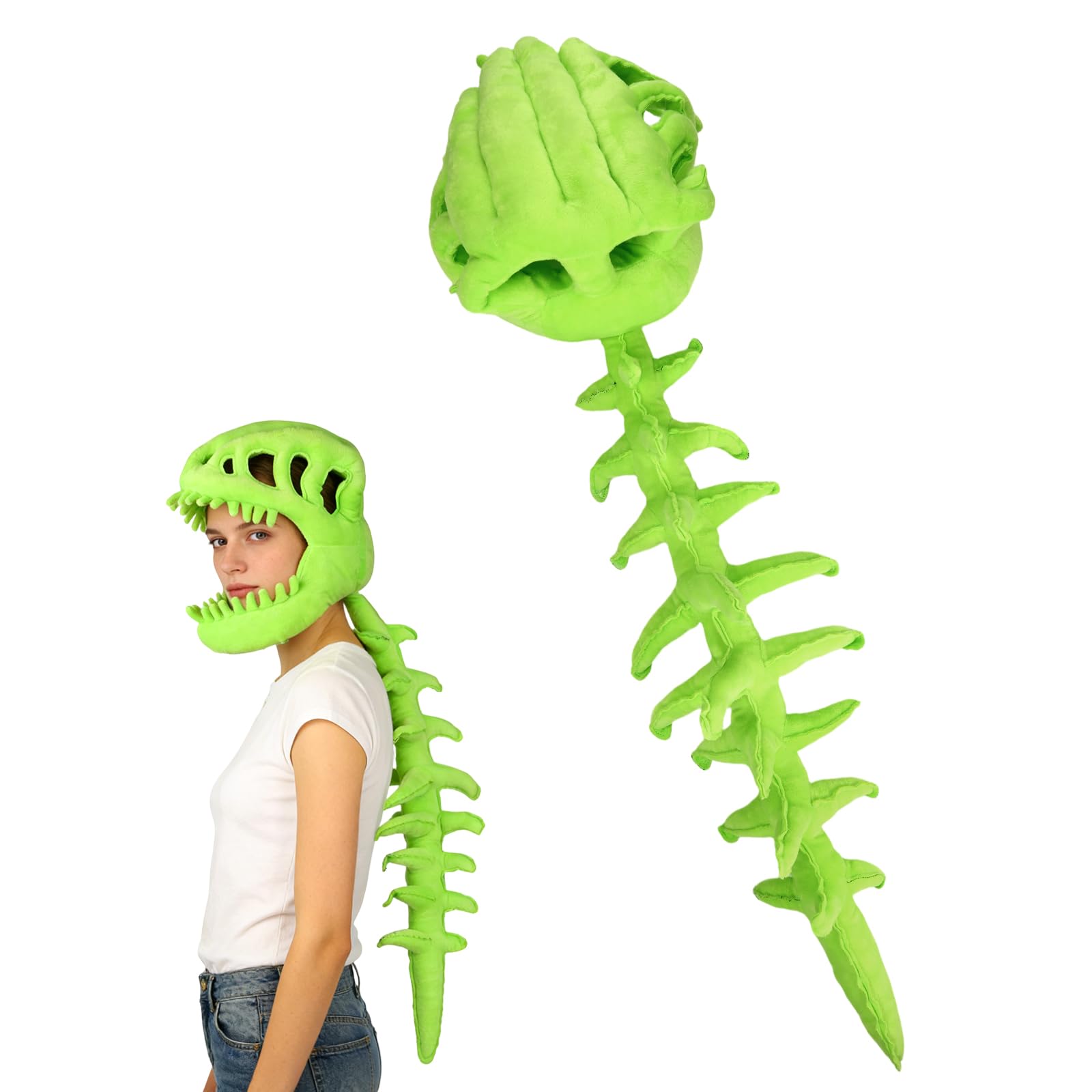 Sinbana 3D Dinosaur Skeleton Costume, Wearable Dinosaur Spinosaurus Costume with Spine Extension Vivid Skeleton Plush Outfit for Cosplay Kids Adult Parties Outfit (Green)