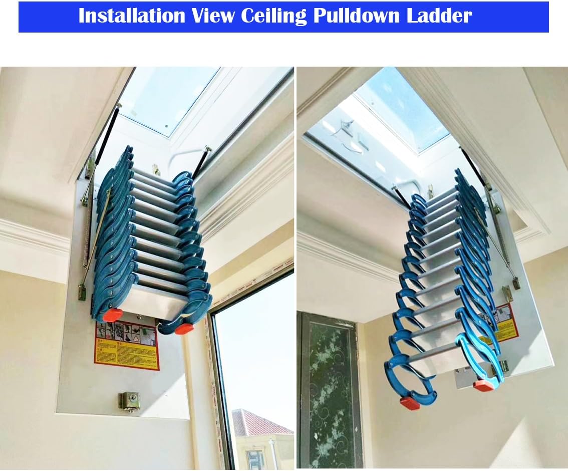 Attic Ceiling Folding Ladder 12 Step Pull-Down Attic Ladder Carbon Steel Telescoping Ceiling Loft Stairs 9.8ft Vertical Height, 47.2x27.5in Retractable Extension Stairs Load 660lbs, Blue