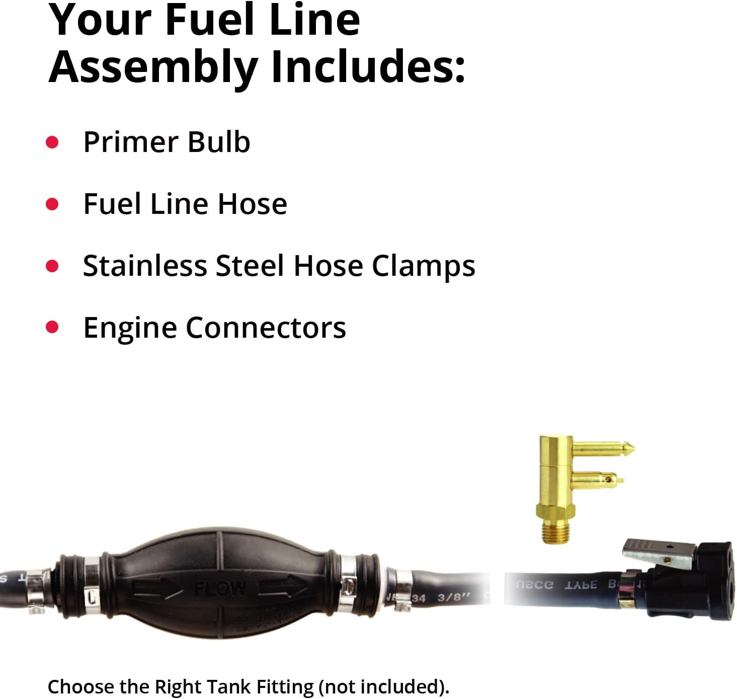 SeaSense: Mercury Fuel Line Assembly for Boats w/ Portable Fuel Systems - Includes Primer Bulb, ⅜” ID x 80” Long (6.5 ft) Heavy Flow Fuel Hose, Stainless Steel Hose Clamps & Engine Connectors, Black