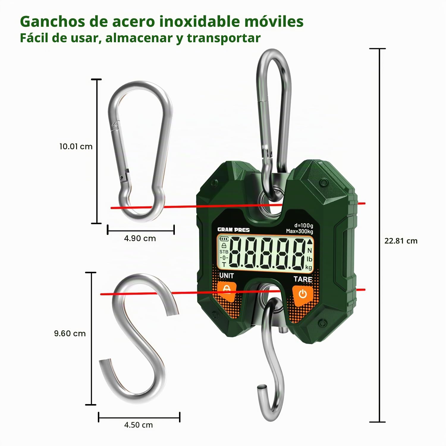 GRAM PRES Báscula colgante digital 300KG/660LB, báscula de grúa mini portátil, báscula para caza de ciervos, báscula digital de equipaje con gancho para granja, pescado, carne, caza, actividades al