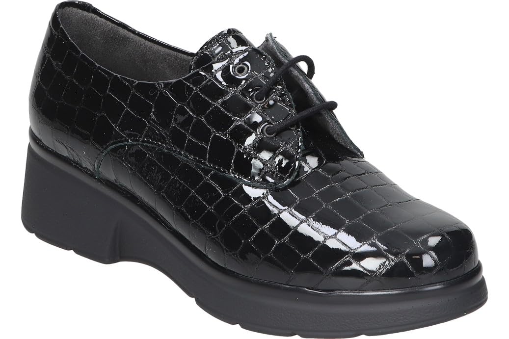 PITILLOS Zapatos Oxford de Cuña Mujer de Piel Charol Negro con Cordones, Cómodos y Ligeros, Modelo 10057