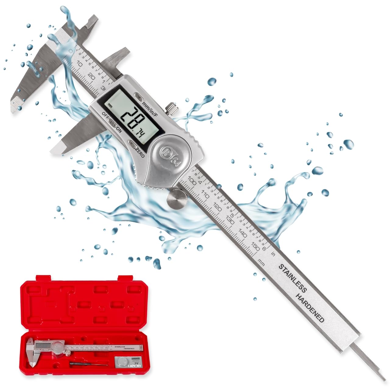 WALTER Schieblehre Digital, Messschieber Analog, Schieblehre, Messlehre, inkl. Knopfbatterie 3V, Edelstahl, spritzwasserfest, IP54 zertifiziert, LCD Display, Messbereich 0-150mm, inkl. Feineinstellrad
