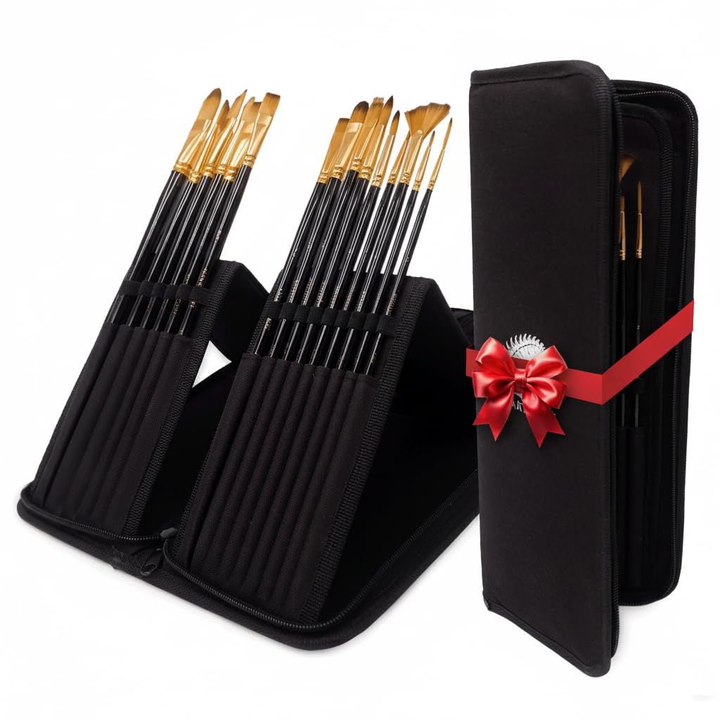 MyArtscape Paint Brushes - 15 Pc Brush Set for Watercolor, Acrylic, Oil & Face Painting | Long Handle Artist Paintbrushes with Travel Holder (Black) with Gifting Box | Premium Art Supplies