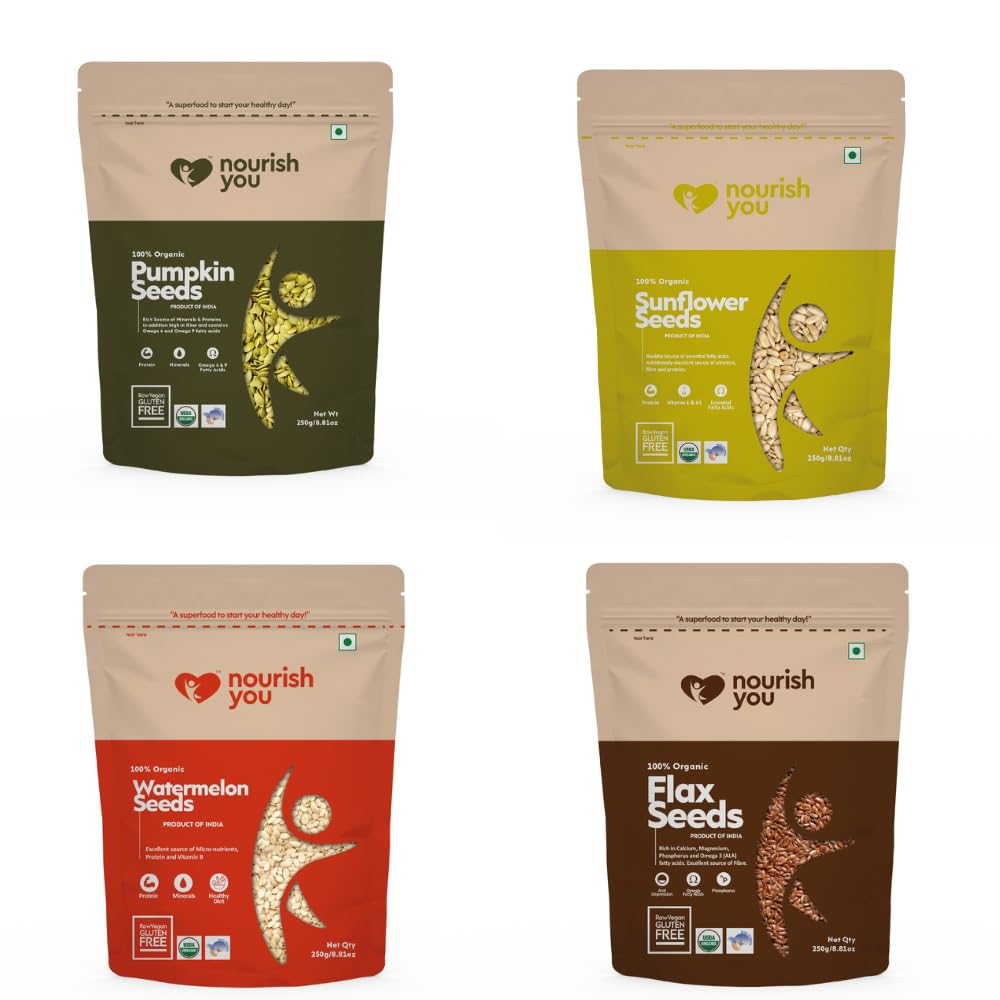 Nourish You Healthy Seeds Combo 1kg | Jumbo Pumpkin, Jumbo Sunflower, Flax Seeds, Watermelon Seeds (250g Each Pack) | Seeds for Eating | Immunity Booster Diet | Protein and Rich in Fibre | 1 Kg (B0CNVSMLVY) Amazon Price History, Amazon Price Tracker