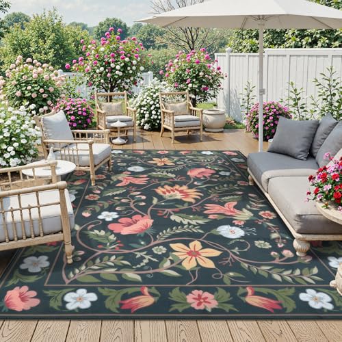 Uphome Indoor Outdoor Area Rug 8x10 ft, Large Floral Patio Rugs for RV Camping Outside, Washable Living Room Mat Non Slip, Breathable Floor Carpet for Bedroom Deck Porch Backyard, Black