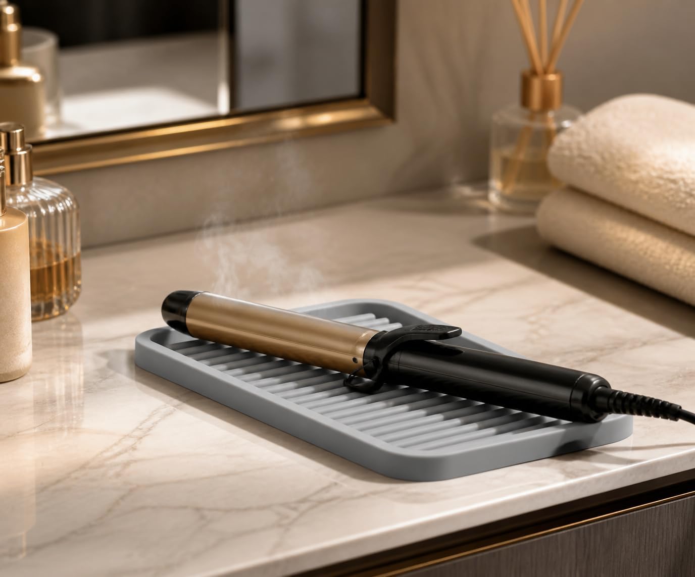 Silicone Heat Mat for Hair Tools, Curling Iron Mat for Counter, Flat Iron Pad Heat Resistant, Hot Tools Mat for Bathroom Vanity Counter Vanity Tray and Sink Organizer (Black)