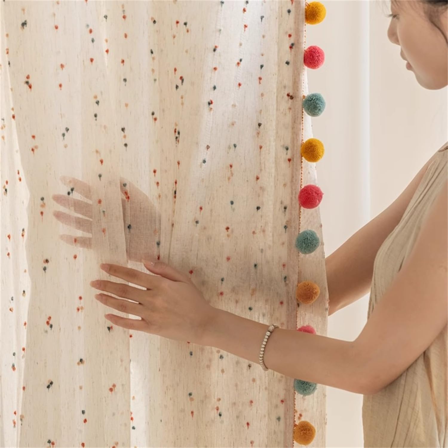 Rideaux Transparents Bohème Arc-en-Ciel avec Pompons, Filtre Lumière, Imitation Lin Rayures, Passe-Tringle pour Chambre Enfant