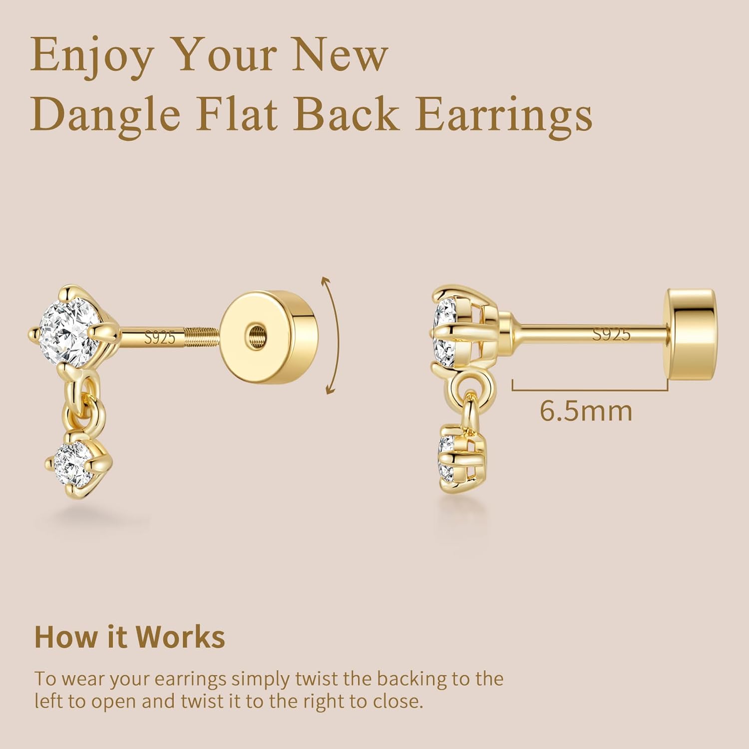 ASHINE 14K Gold Plated Dangle Flat Back Earrings | Sterling Silver Posts Dainty Double Stone Multi-Shape Earring | Tragus Cartilage Piercing Jewelry for Women