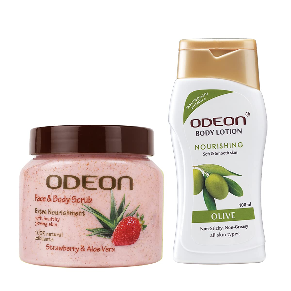 FREE ODEON Nourishing Olive Body Lotion, 100 ML with ODEON Strawberry & Aloe Vera Face and Body Scrub, 300ML | For Extra Nourishment