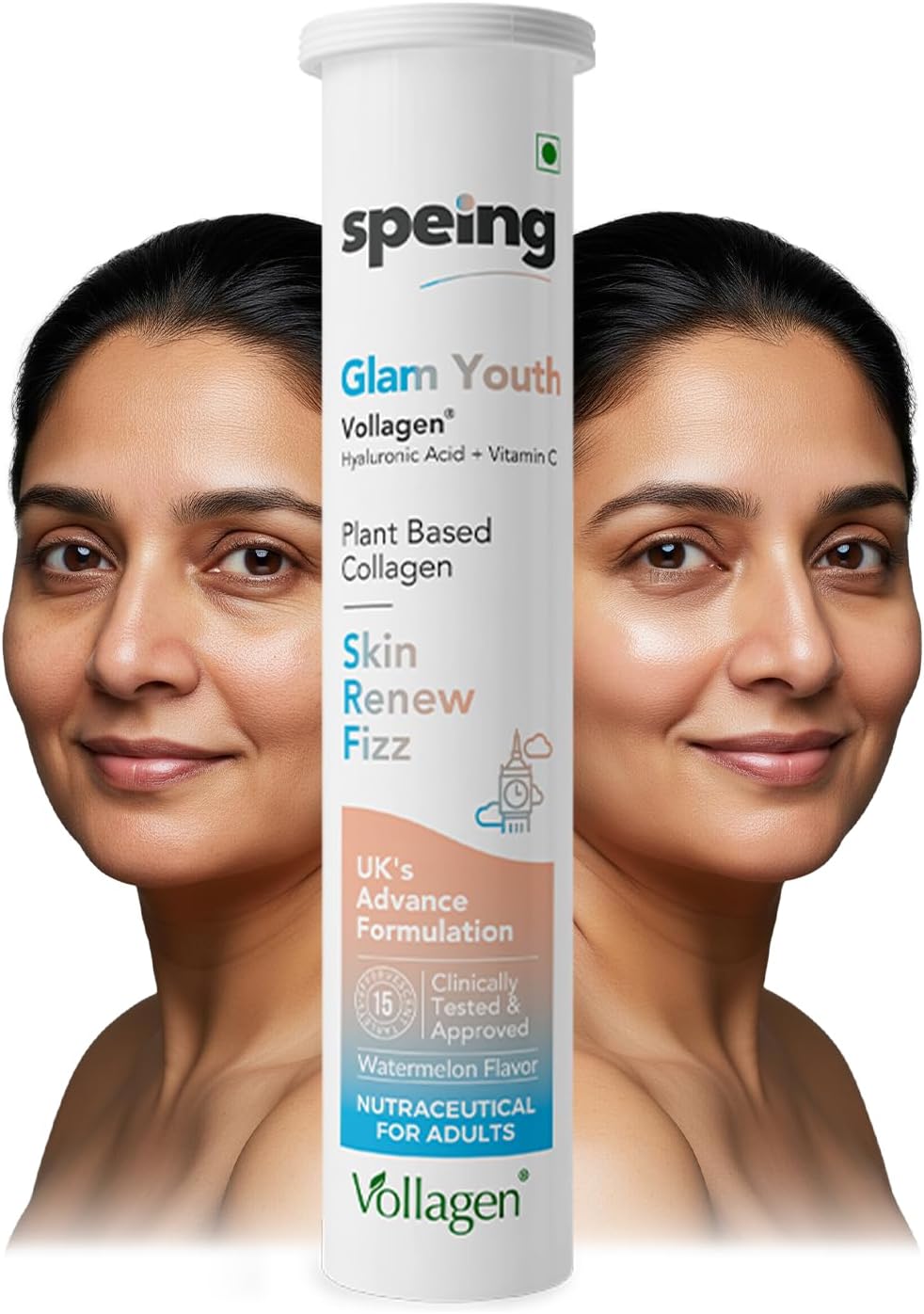 - Speing Glam Youth Vegan Collagen Supplement for Women & Men w/Hyaluronic Acid & Vitamin C - Plant Based Collagen Builder for Skin Radiance, Hair & Nails - 15 Effervescent Tablets - Watermelon Flavour