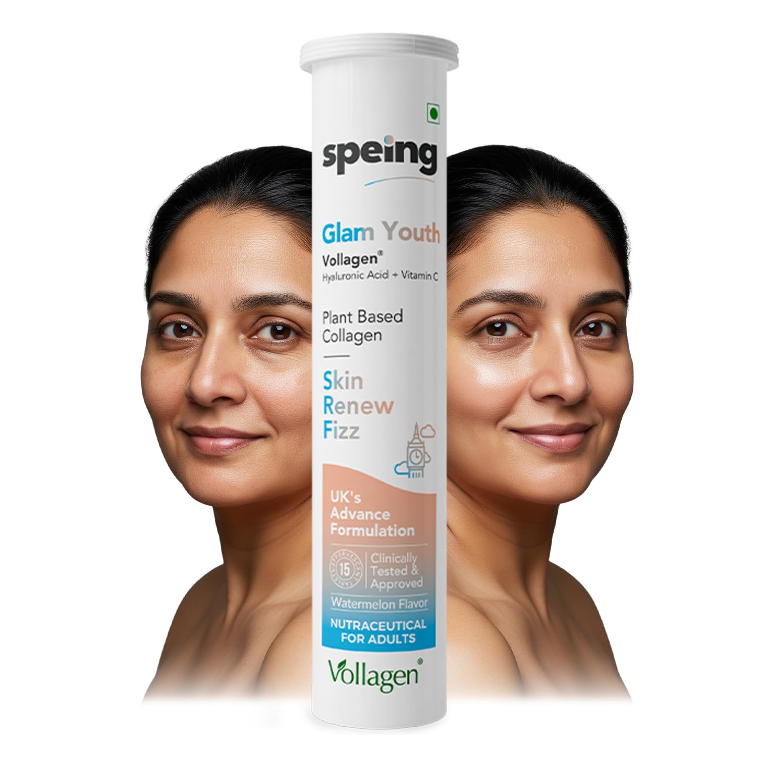 Glam Youth Vegan Collagen Supplement for Women & Men w/Hyaluronic Acid & Vitamin C - Plant Based Collagen Builder for Skin Radiance, Hair & Nails - 15 Effervescent Tablets - Watermelon Flavour