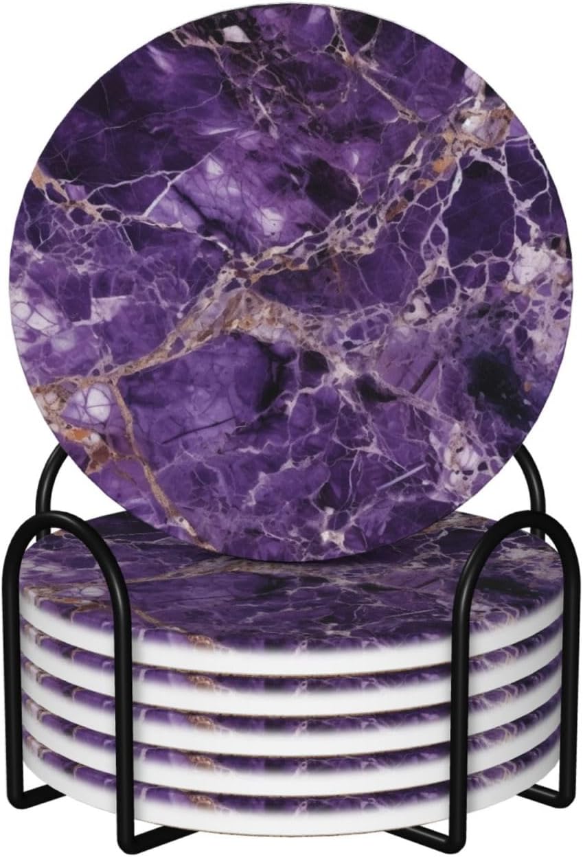 ドリンクコースター6枚セット セラミックコースター ホルダー付き 大理石 パープル ラウンドコースター ドリンク用 卓上保護 カップ