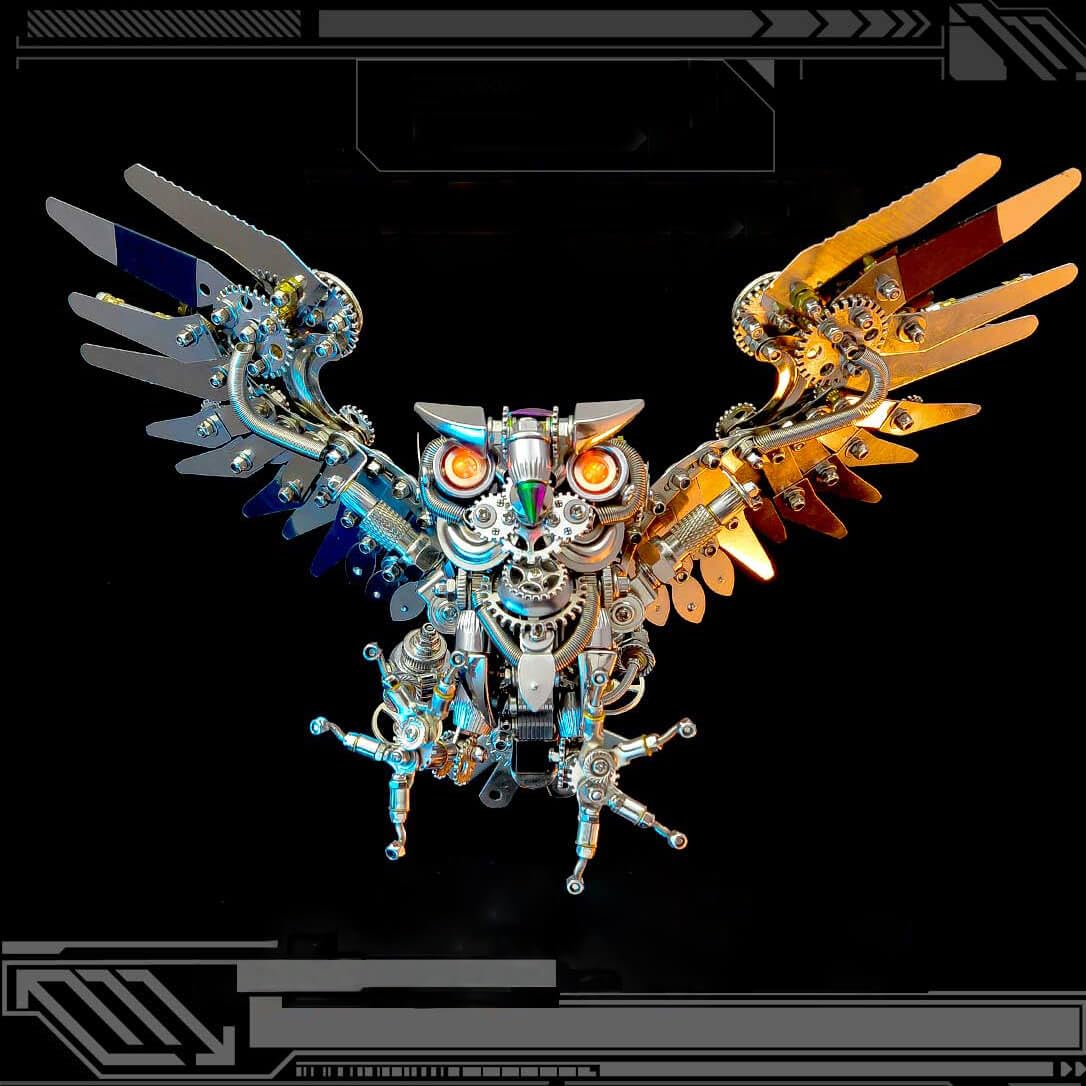 Kit de puzzle 3D en métal Steampunk Hibou – Plus de 700 pièces à faire soi-même avec lunettes et lumière | Sculpture d'animaux mécaniques en acier inoxydable pour adultes cadeau et affichage