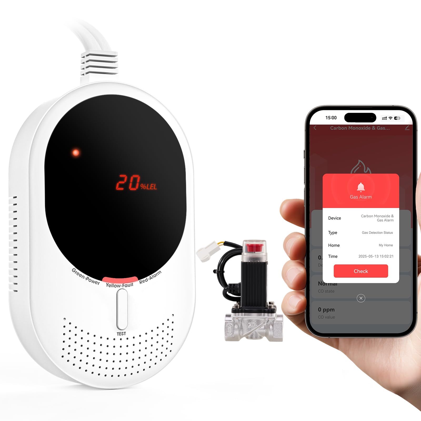 PHYSEN WiFi Rilevatore di Gas e Monossido di Carbonio con Valvola Magnetica e Display LED, Monitoraggio App Smart Life, Certificato EN50291 e EN50194, Ideale per Cucina, Locale, Caldaia, Garage