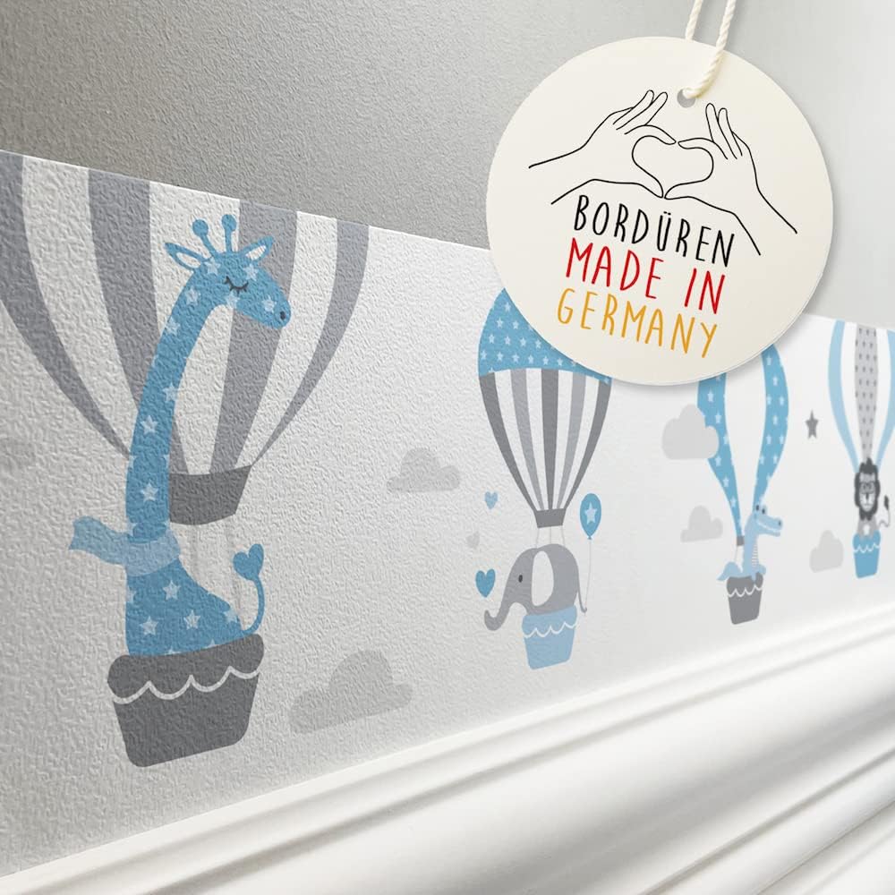 lovely labelWallpaper Border for Kids -Hot Air Balloons Wall Stickers for Children's Playroom or Bedroom in Grey-Blue - Self-Adhesive Wall Border Stickers - Wall Decal and Stickers for Children