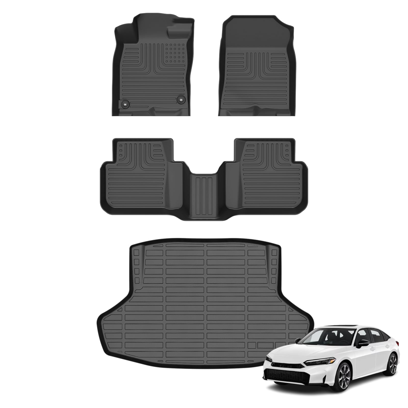 Floor Mats &amp; Cargo Liner for 2025 2026 Honda Civic Hybrid Sedan (Not Hatchback) All Weather Automotive TPE Floor Liners Set Anti-Slip Waterproof Accessories (Car Mats+Trunk Mat)