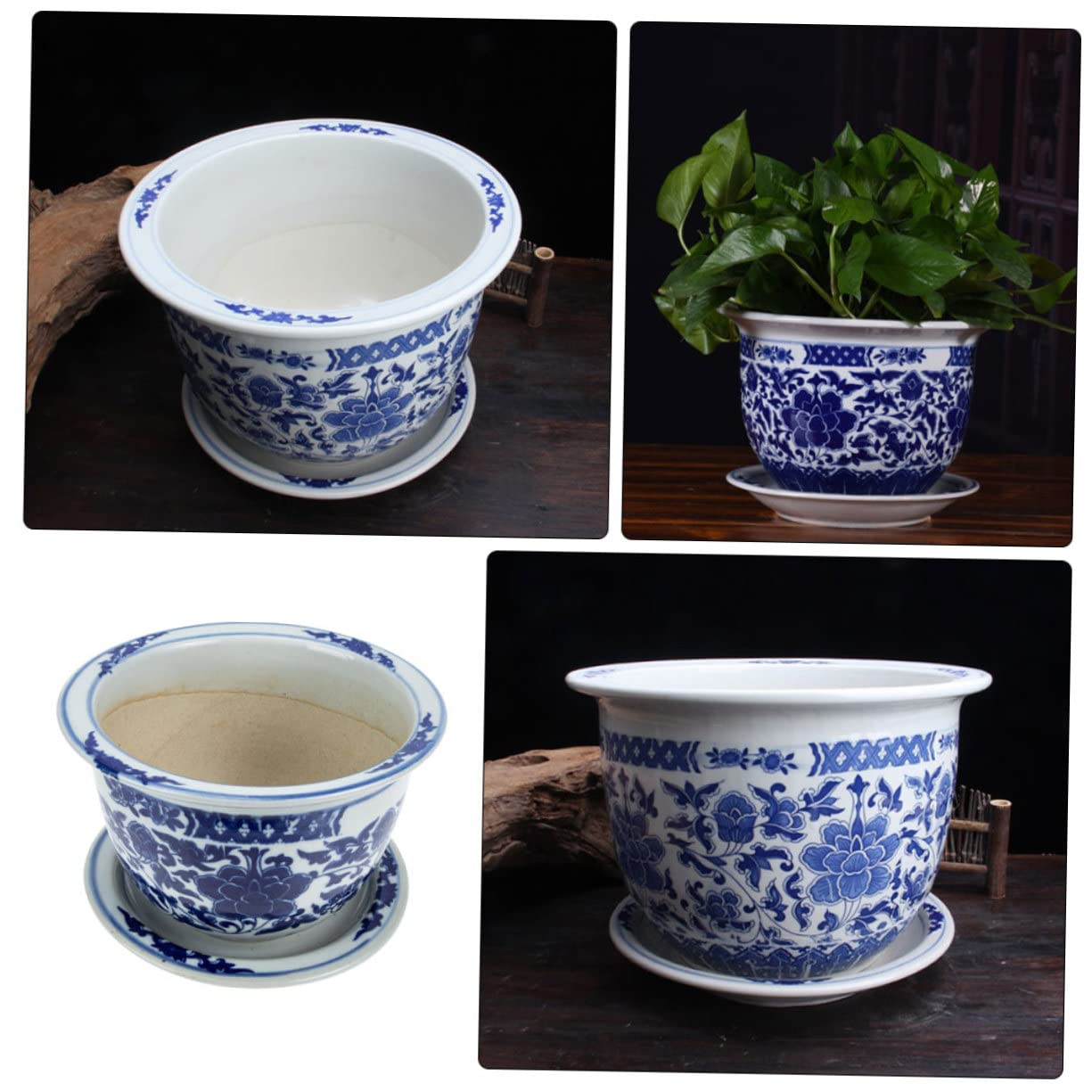 YARNOW Vaso Per Piante in Porcellana Blu e Bianca Vaso Per Da Interno Con Vassoio