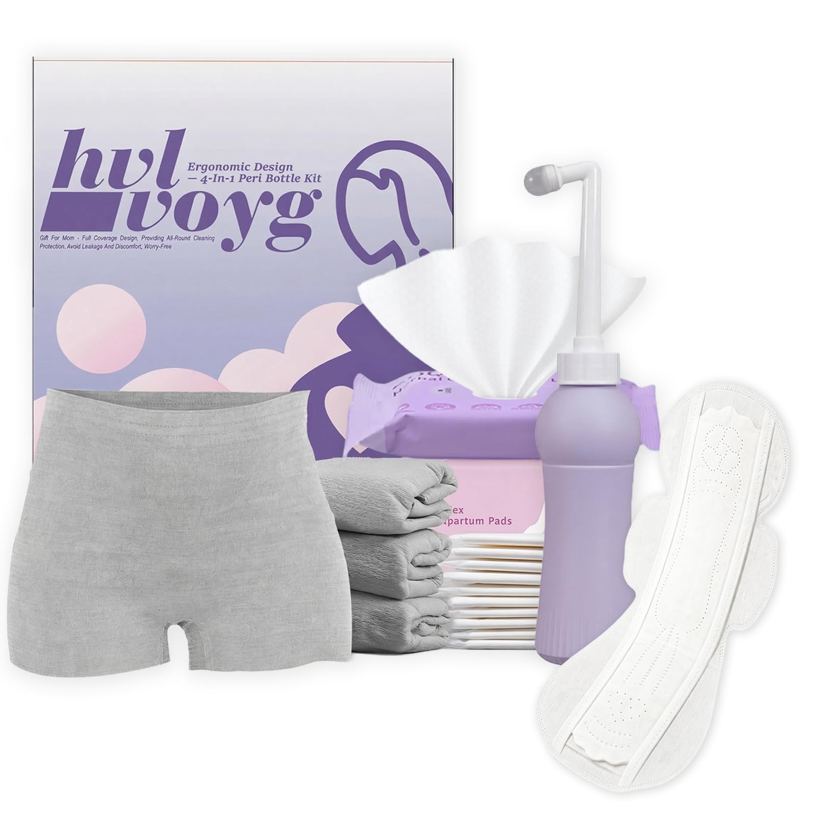 Postpartum Essentials Recovery Kit for New Moms, 16 Pcs Perineal Care Set with Peri Bottle, Disposable Underwear, Postpartum Pads & Cooling Pad Liners, Hospital Bag Essentials | with Peri Bottle, Disposable Underwear, Postpartum Pads & Cooling Pad Liners, Hospital Bag Essentials Purple 4-ln-1