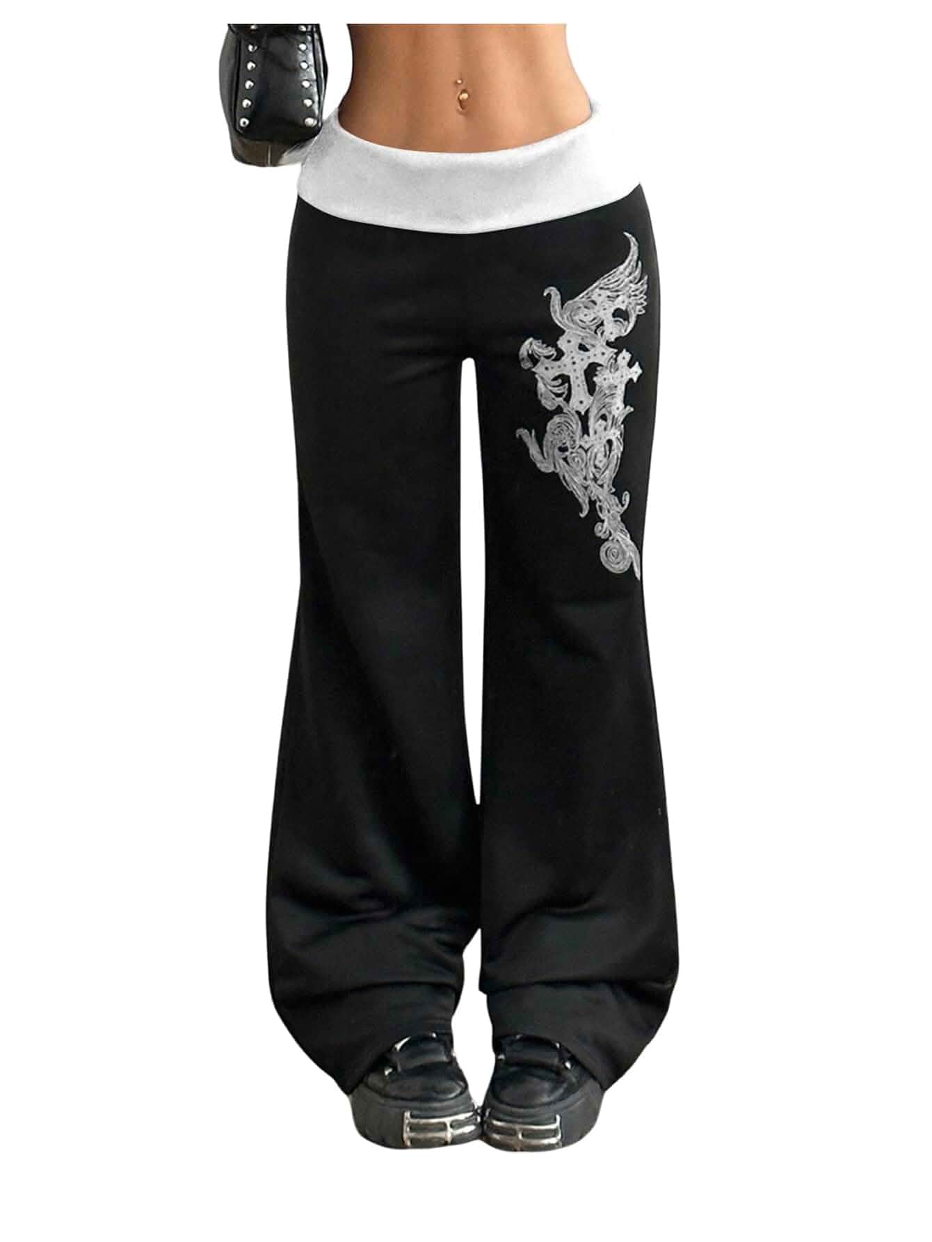 Milumia Women's Y2k Fold Over Pants Emo Bootcut Low Waist Sweatpants Fall Grunge Graphic,Elastic Waist,Flared Pants, Emo Scene Clothes,Streetwear