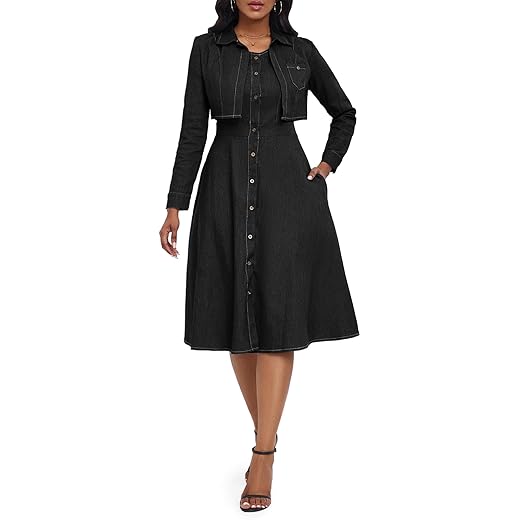 VERWIN Two Pieces Denim Dress with Jackets Midi Dress Button Down Party Long Sleeve Shirt Dress Outfits