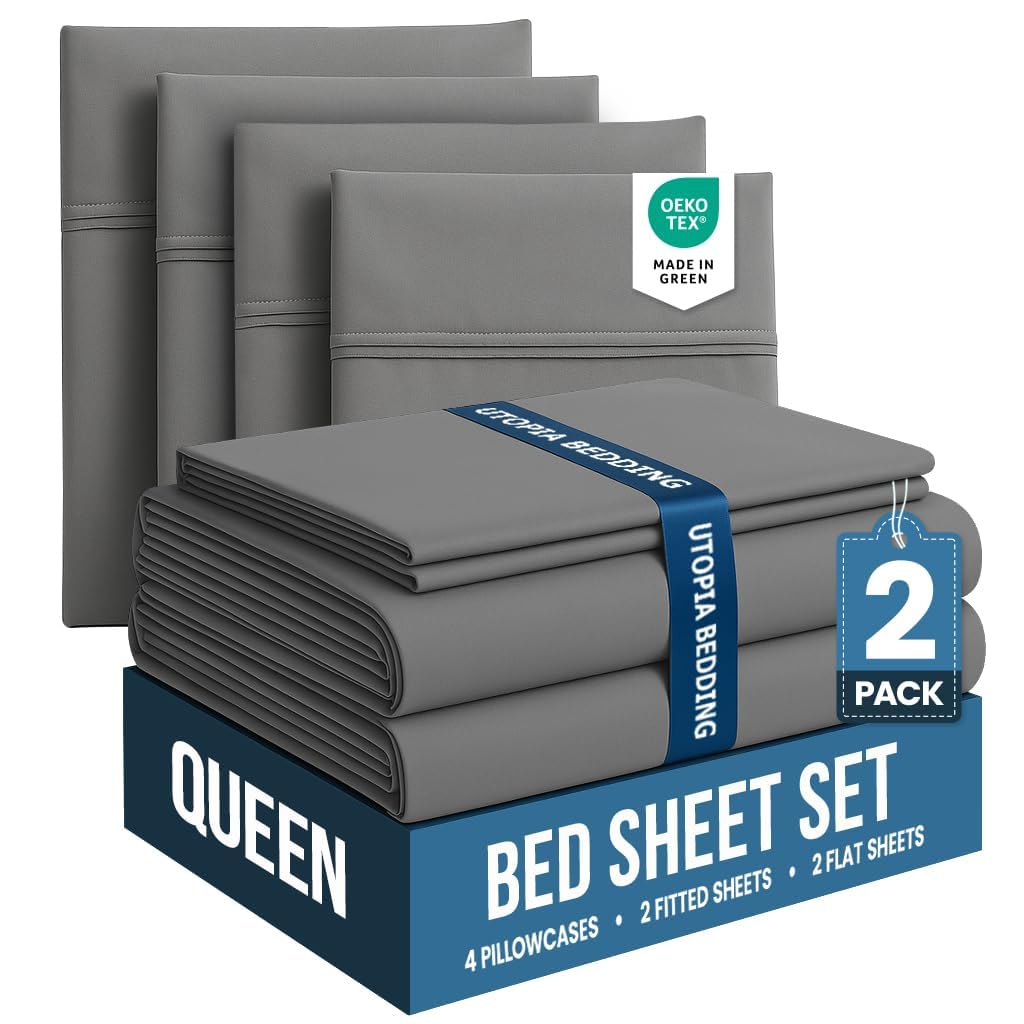 Bedding Queen Bed Sheets Set - Pack of 2 Sheet Sets - Perfect for Spa, Hotel, & Guest Bedroom - Brushed Microfiber - Shrinkage and Fade Resistant - Easy Care (Grey)