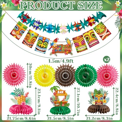 Image of Hawaiian Luau Party Decorations Tropical Beach Aloha Palm Leaves Garland Luau Honeycomb Table Centerpiece Tissue Pom Poms Paper Fans Tiki Totem Hanging Decor Tropical Summer Beach Pool Party Supplies