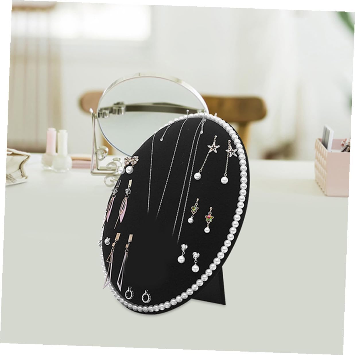 minkissy Earring Organizer and Display Stand Wall-mounted Large Oval Black Velvet Jewelry Holder with Pearl Board for Earrings and Necklaces Storage at Home
