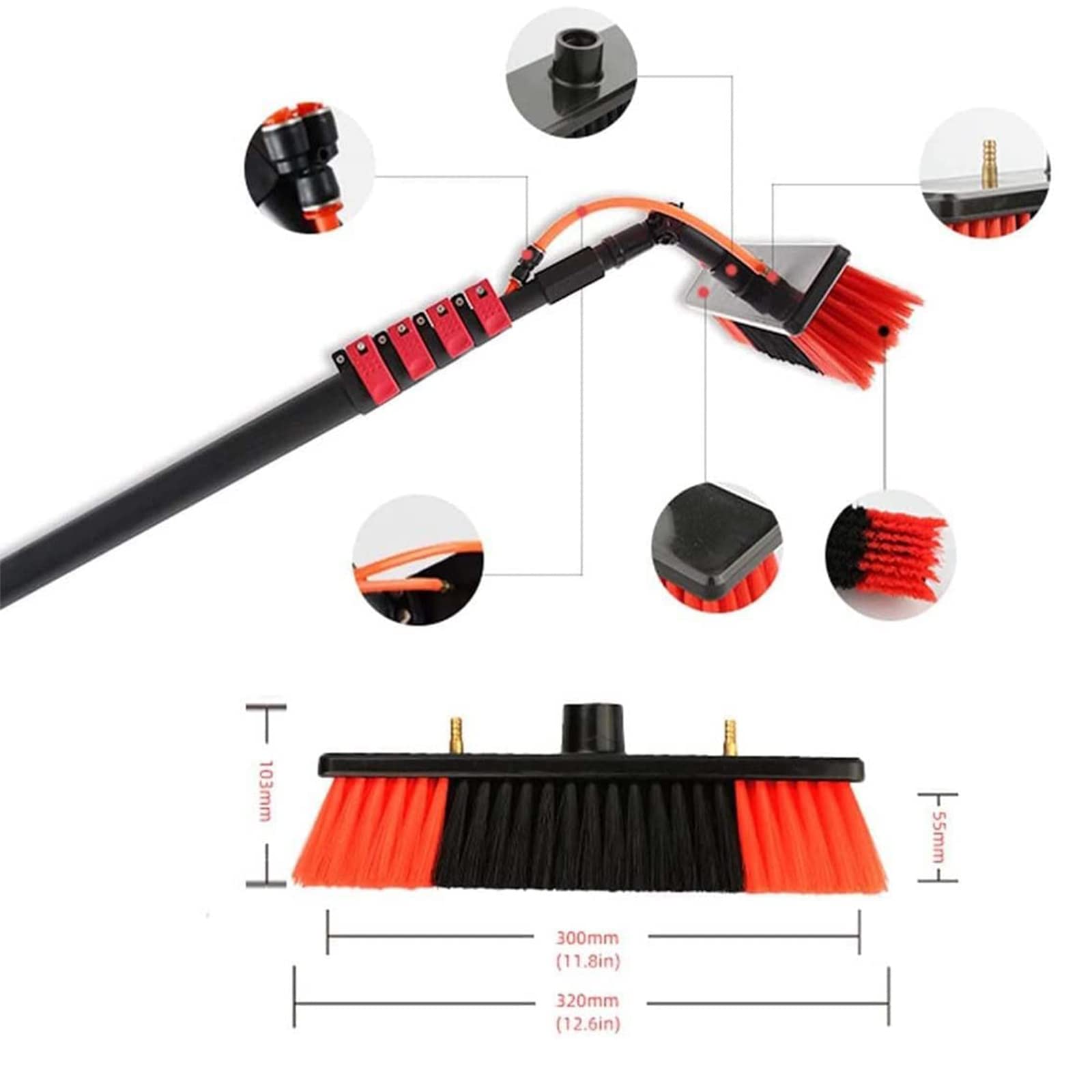 Drążek do czyszczenia okien z główką szczotki 50 cm – 10 m wysuwana szczotka podawana wodą do paneli słonecznych i mycia dachów, narzędzia do czyszczenia na zewnątrz