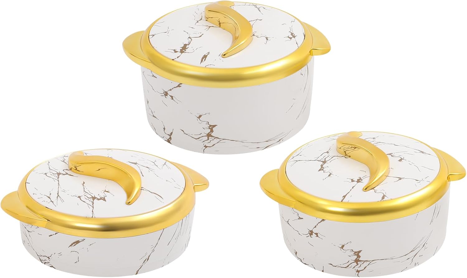 DYRABREST 3-Piece Thermal Dish Set with Lids, 1.5L+2L+2.5L Insulated Stainless Steel Food Containers for Hot & Cold Meals, Marble White Serving Bowls with Handles for Buffet, Parties, Catering